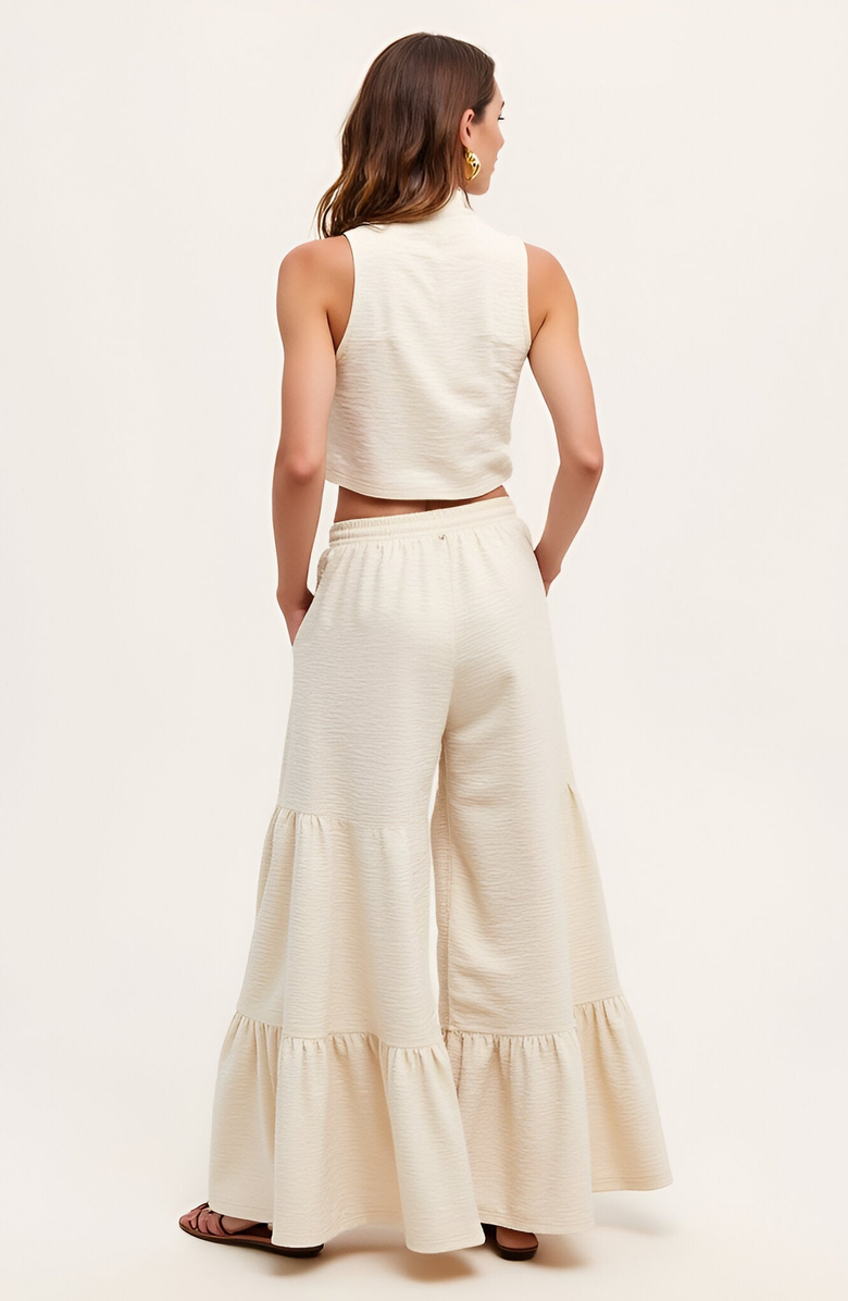 Modenaire Sleeveless Mock Neck Crop Top and Tiered Wide-Leg Pants Set, Alternate, color, Ivory