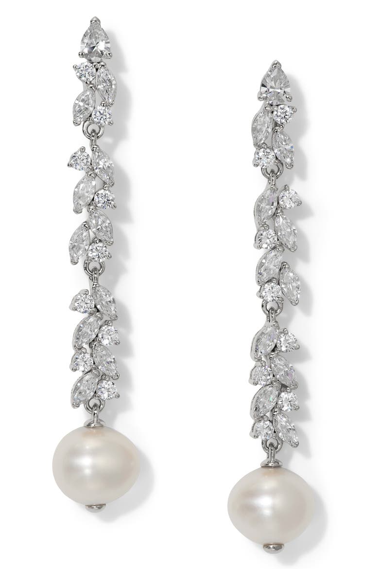 Savannah Cubic Zirconia & Pearl Linear Drop Earrings, Main, color, RHODIUM