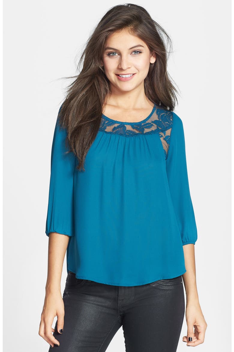 Chloe K Lace Inset Top, Main, color, TEAL