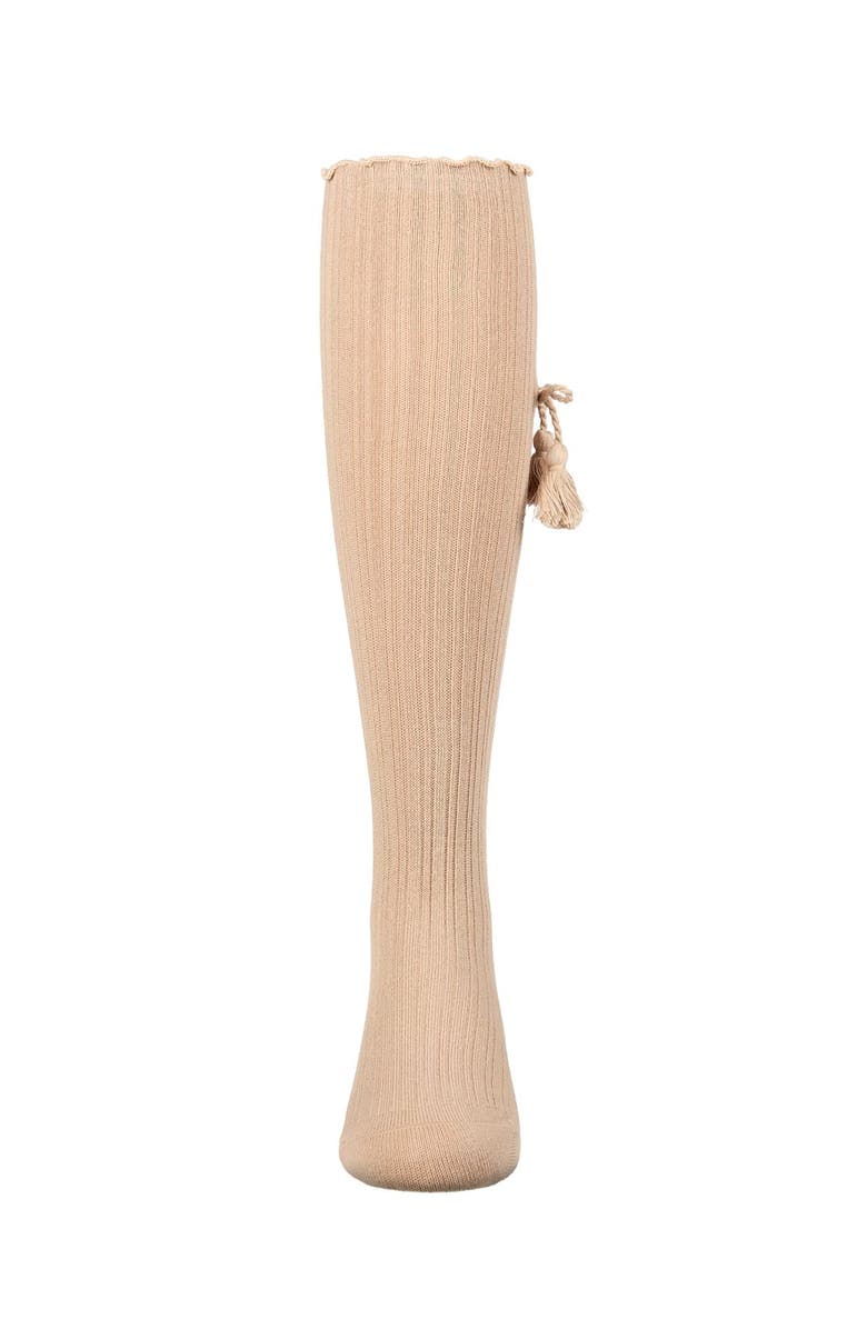 MeMoi Tassle-Bow-Trimmed Lettuce Edge Knee High Sock, Alternate, color, Latte