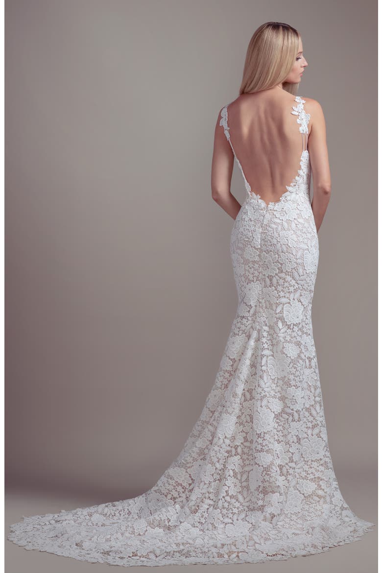 Atlas V-Neck Lace Wedding Dress, Alternate, color, IVORY