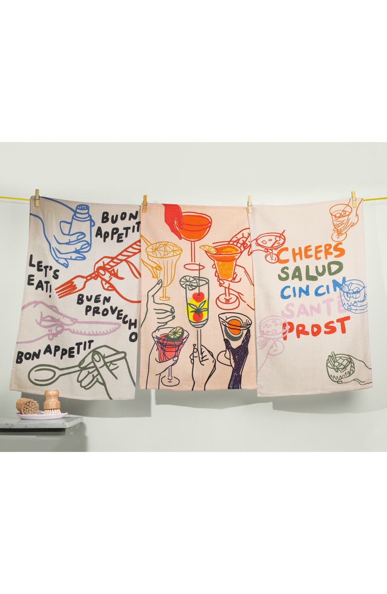 Tiramisu Set of Three Cheers Kitchen Towels, Alternate, color, Cream/ Multi-Color