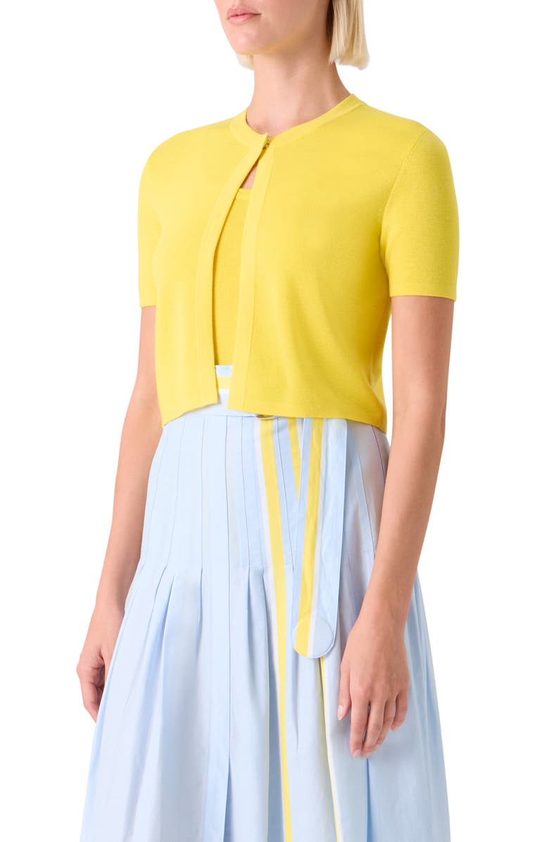 Akris punto Short Sleeve Virgin Merino Wool Crop Cardigan, Alternate, color, Lemon Zing