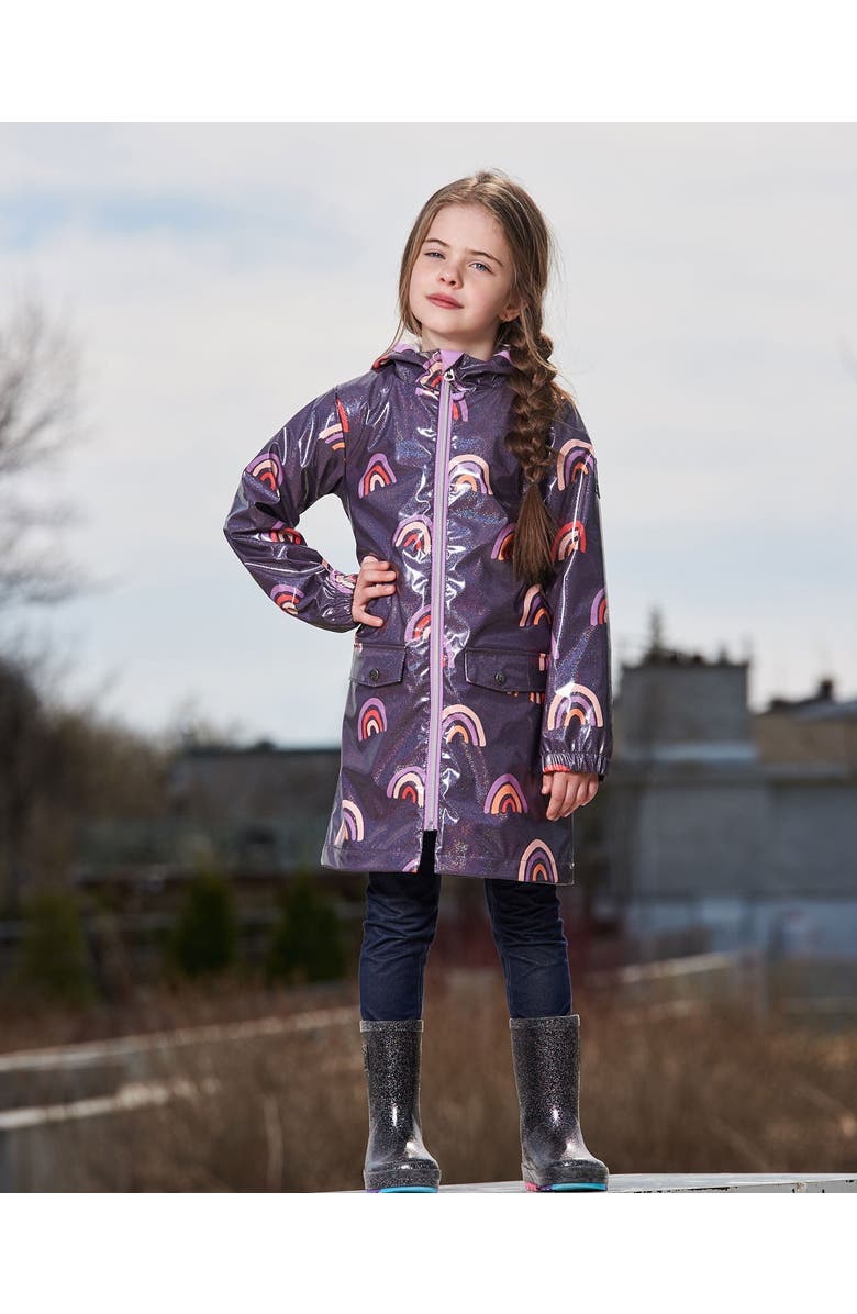 Deux par Deux Girl's Printed Rain Coat With Hat Rainbow On Shiny Background, Alternate, color, 