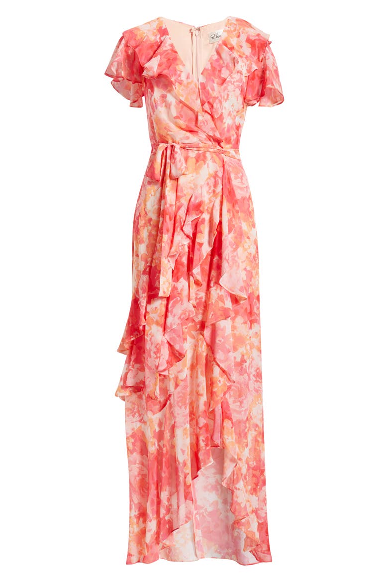 floral ruffle chiffon asymmetric maxi dress Blue Floral Ruffle Chiffon Asymmetric Maxi Dress