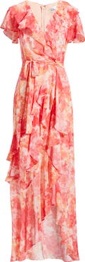 Eliza J Floral Asymmetric Ruffle Maxi Dress