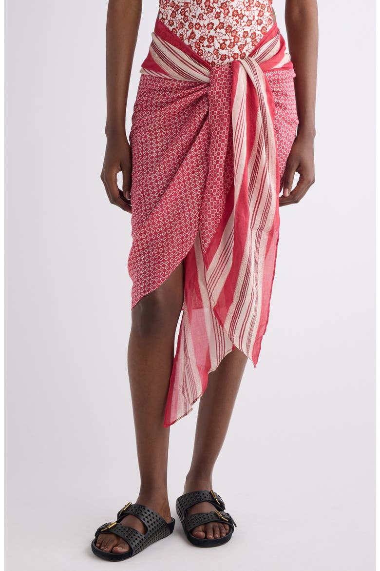 Lucilia Geo Stripe Cotton & Silk Pareo, Main, color, RED