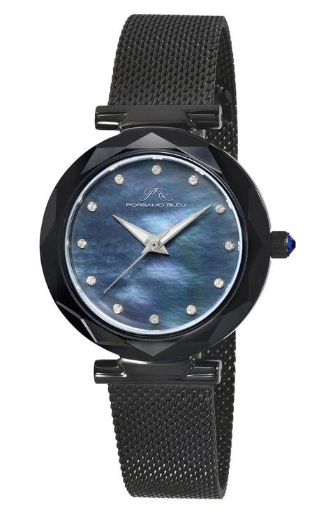 Hazel White Topaz Mother of Pearl Dial 3-Hand Quartz Mesh Strap Watch, 33mm