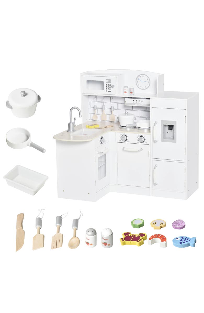 Qaba Kids Play Kitchen Set Pretend Wooden Cooking Toy Set, Main, color, White