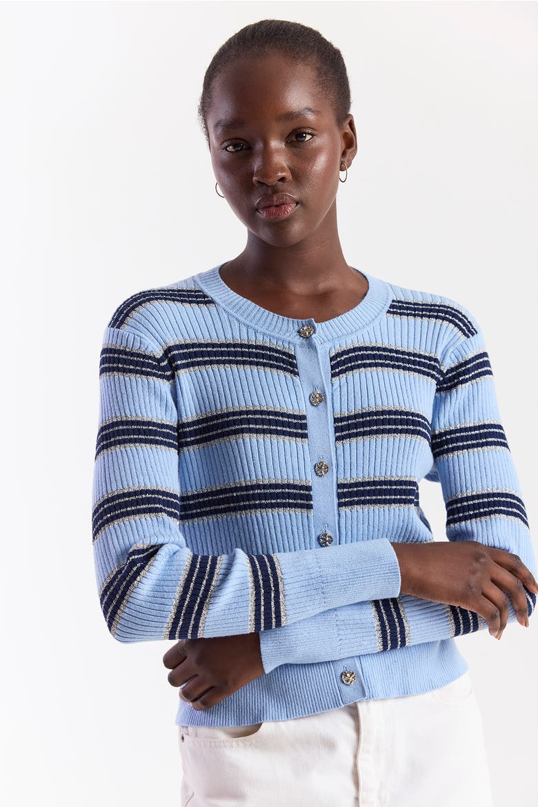Stripe Rib Cardigan, Alternate, color, Skyline/Navy, Silver Lurex