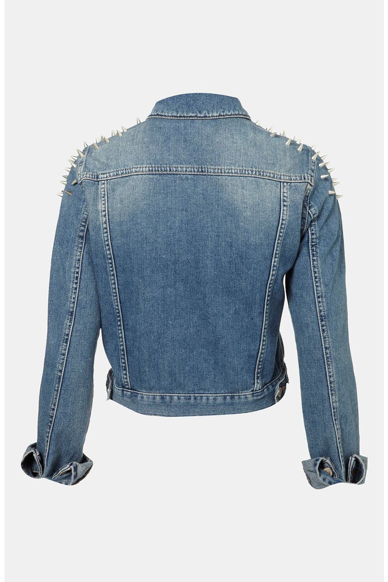 Moto Spike Shoulder Denim Jacket, Main, color, MIDSTONE