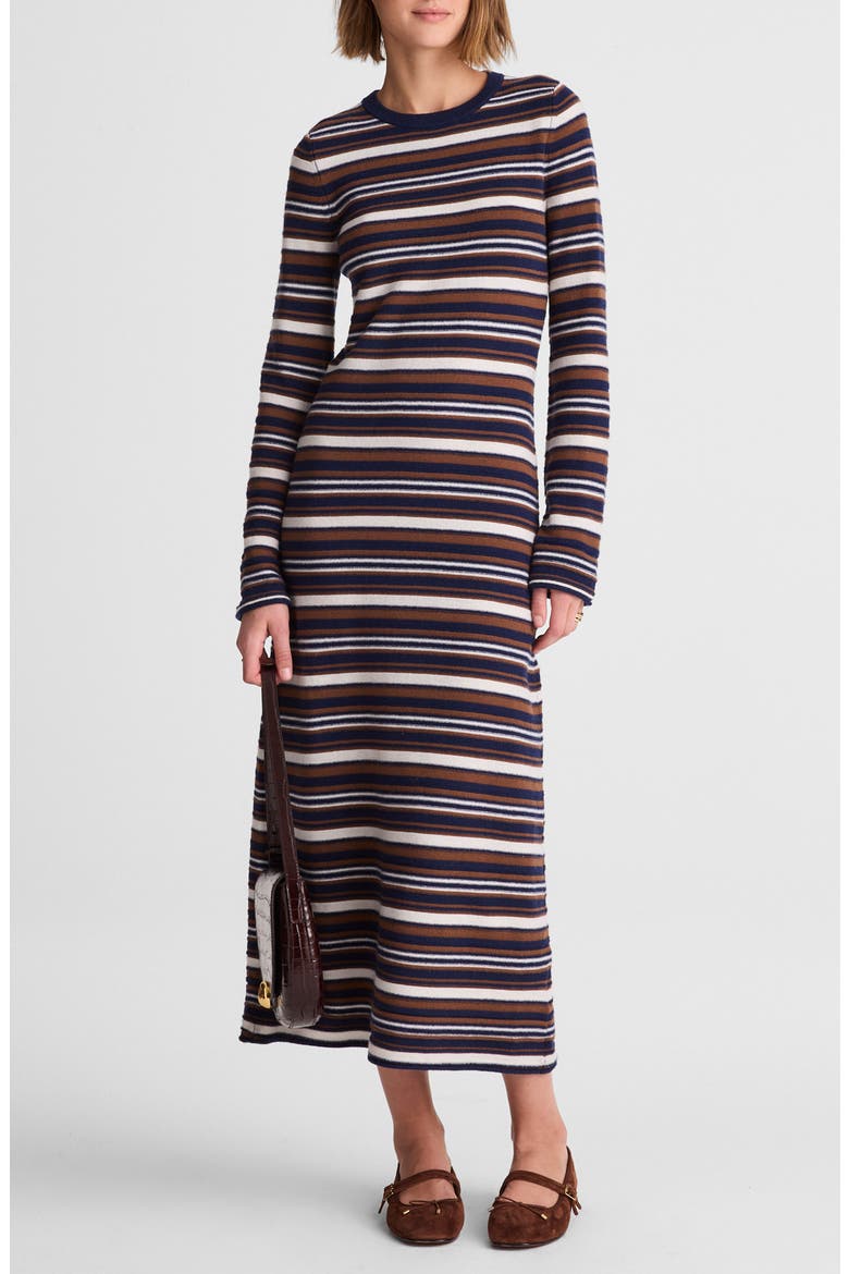 Crewneck Long Sleeve Merino Wool Sweater Maxi Dress, Main, color, BROWN MULTI STRIPE