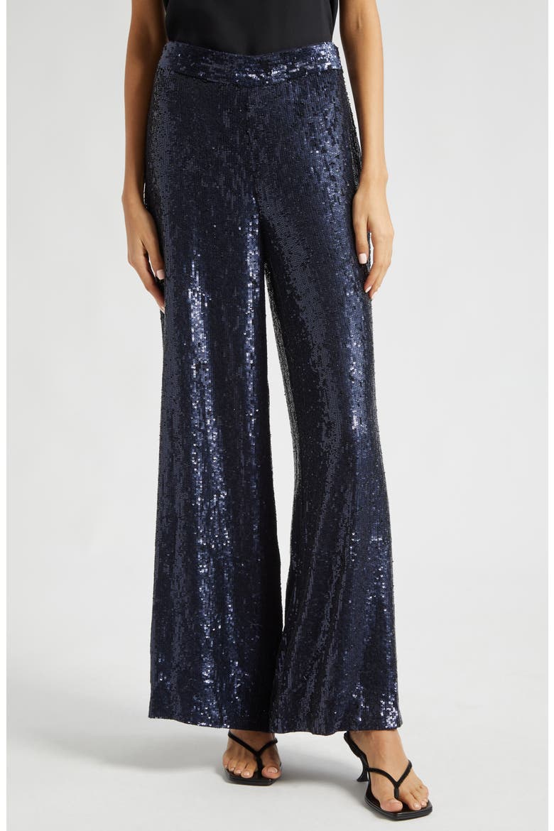 Adieu Sequin Wide Leg Silk Pants, Main, color, MIDNIGHT