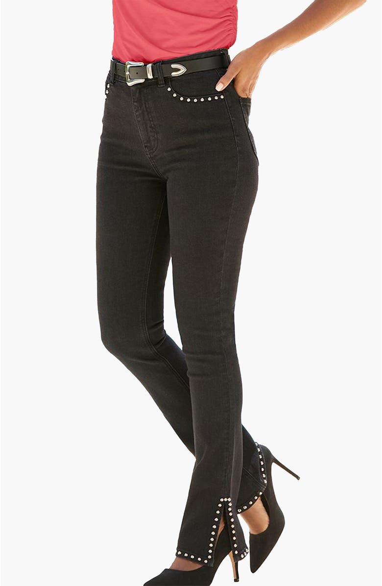 LASCANA Women's Embellished Split Hem Jeans, Main, color, Black Wash