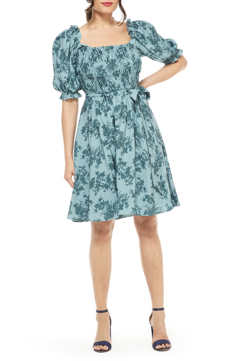 Shiloh Floral Print Smocked Bodice Fit & Flare Dress, Alternate, color, BLUE FOX/ RETRO BLUE