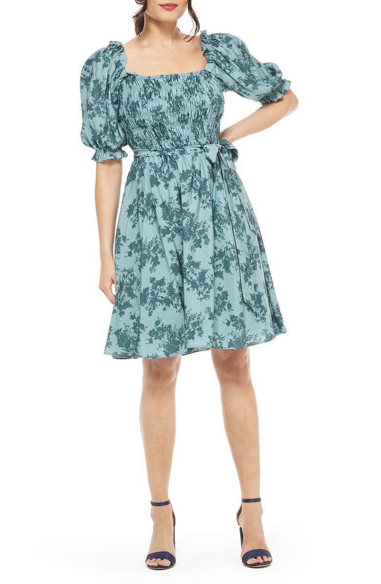 Gal Meets Glam Collection Shiloh Floral Print Smocked Bodice Fit & Flare Dress, Alternate, color,