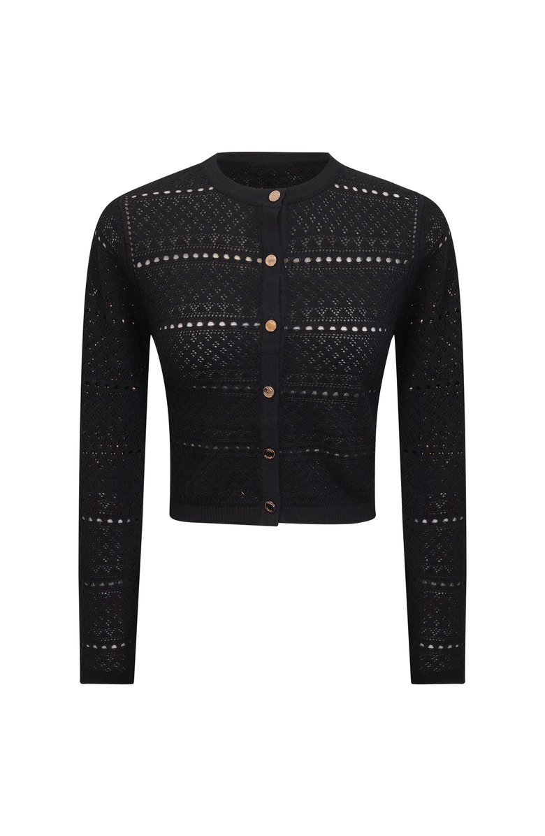 Milan Italy Cropped Crochet Button Front Cardigan, Main, color, Black