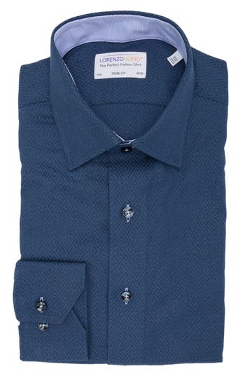Lorenzo Uomo Trim Fit Textured Diamond Stretch Cotton Dress Shirt In Midnight