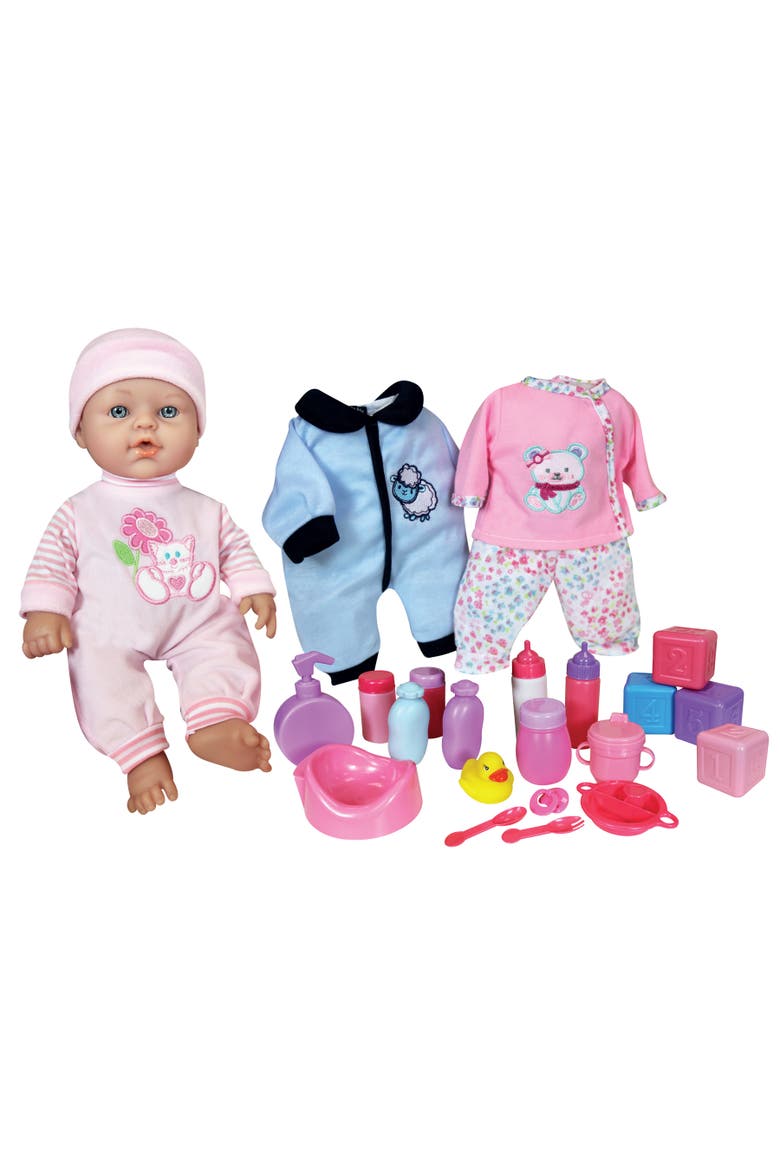 12 Inch Baby Doll & Accessories Set, Pink, 2 Extra Outfits, Care Accessories, Main, color, Multicolored