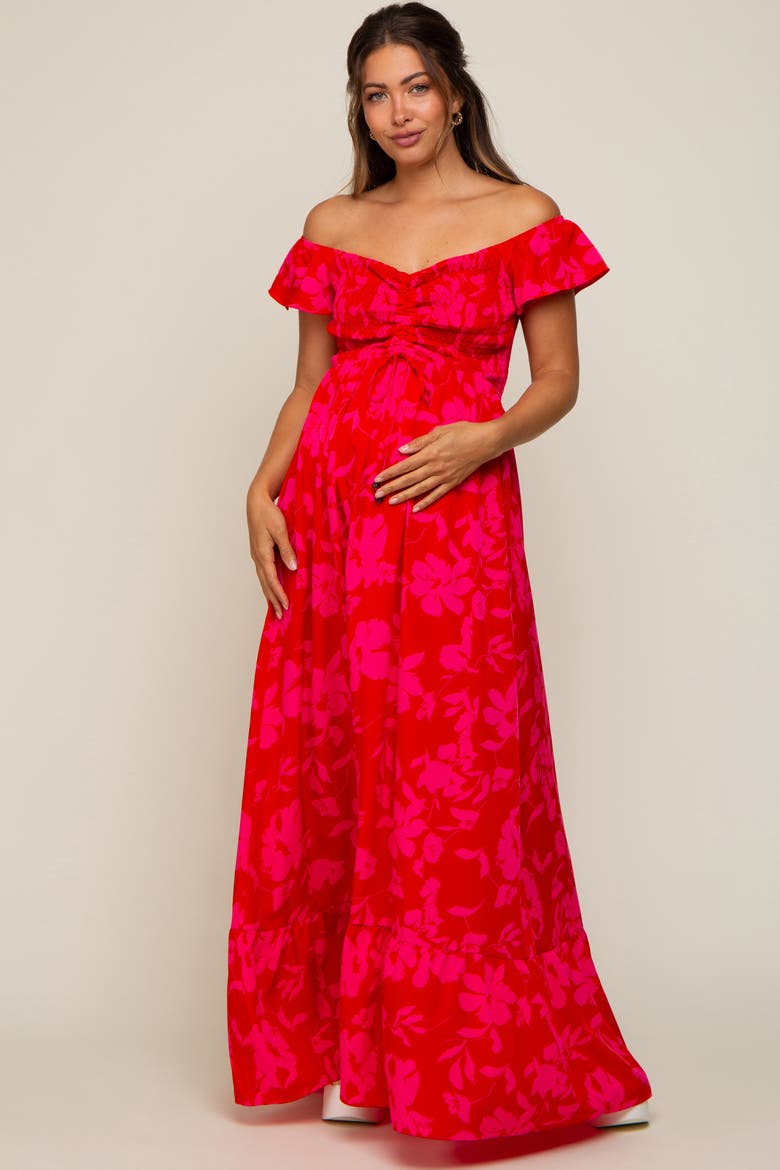 Floral Smocked Cinched Top Maxi Dress, Main, color, Red