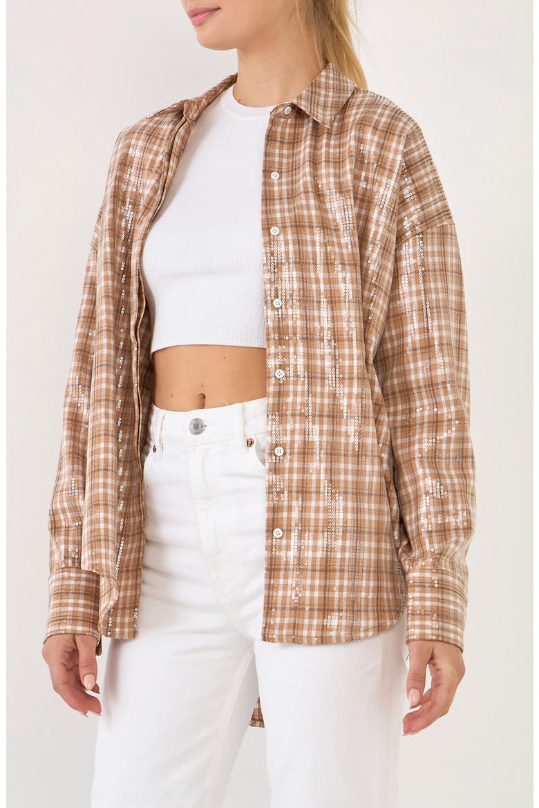 Plaid Sequin Button-Up Shirt, Alternate, color, TAN