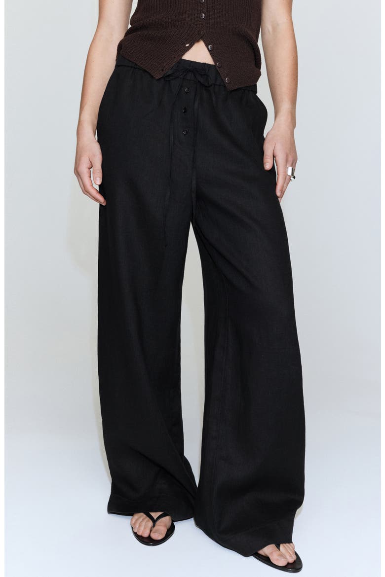 Wide Leg Button Detail Linen Pants, Main, color, BLACK