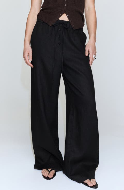 Wide Leg Button Detail Linen Pants