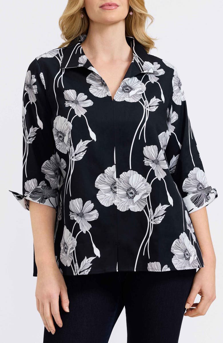 Foxcroft Agnes Poppy Print Three-Quarter Sleeve Popover Top, Main, color, Black/ White