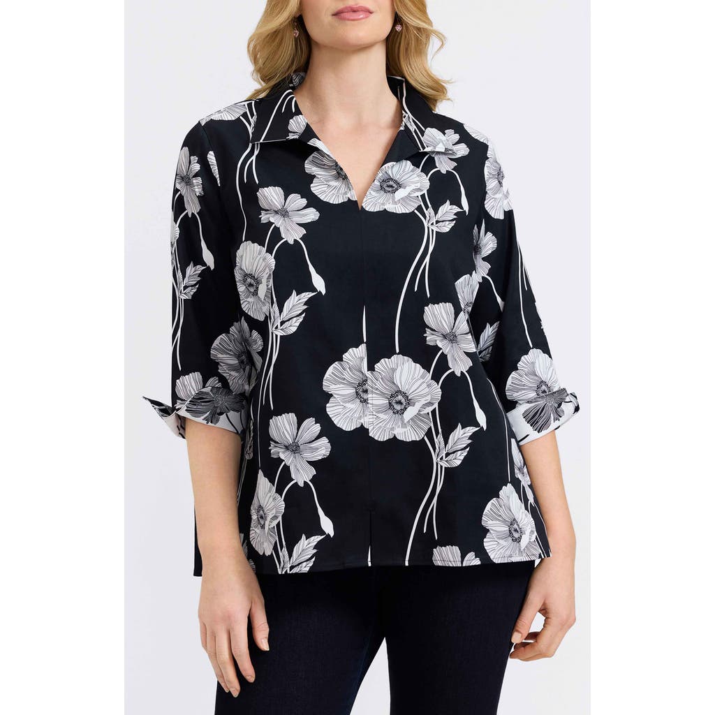 Foxcroft Agnes Poppy Print Three-quarter Sleeve Popover Top