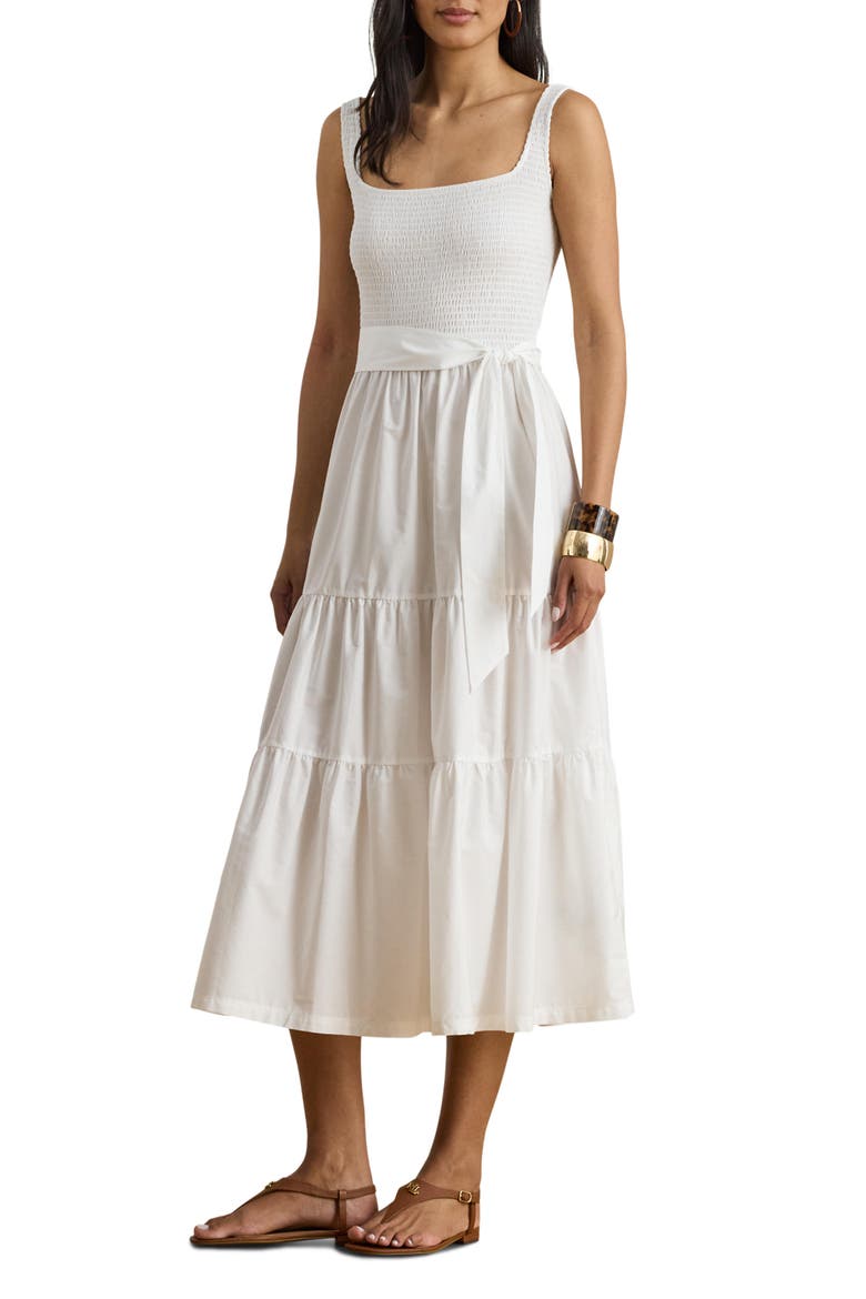 Smocked Bodice Sleeveless Tiered Midi Dress, Main, color, WHITE