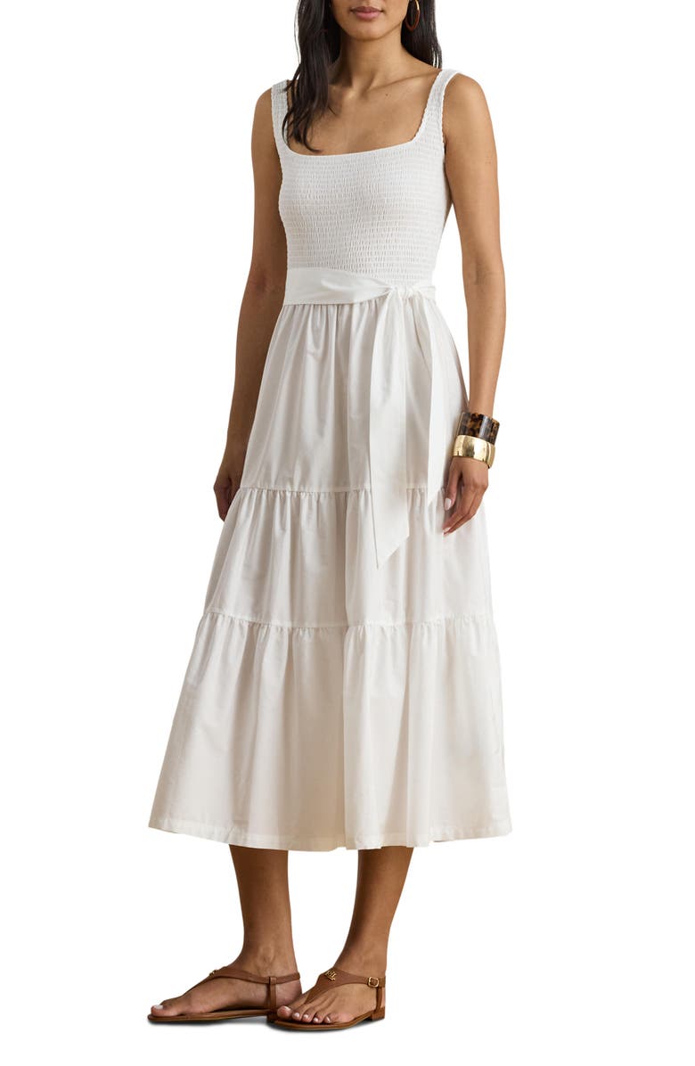 Lauren Ralph Lauren Smocked Bodice Sleeveless Tiered Midi Dress, Main, color, White