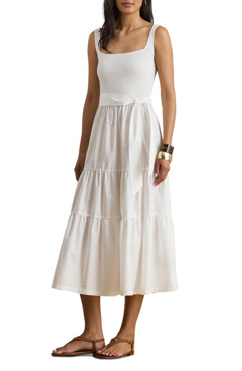 Smocked Bodice Sleeveless Tiered Midi Dress