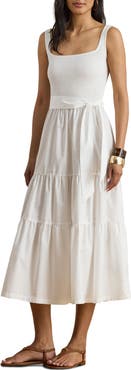 Lauren Ralph Lauren Smocked Bodice Sleeveless Tiered Midi Dress