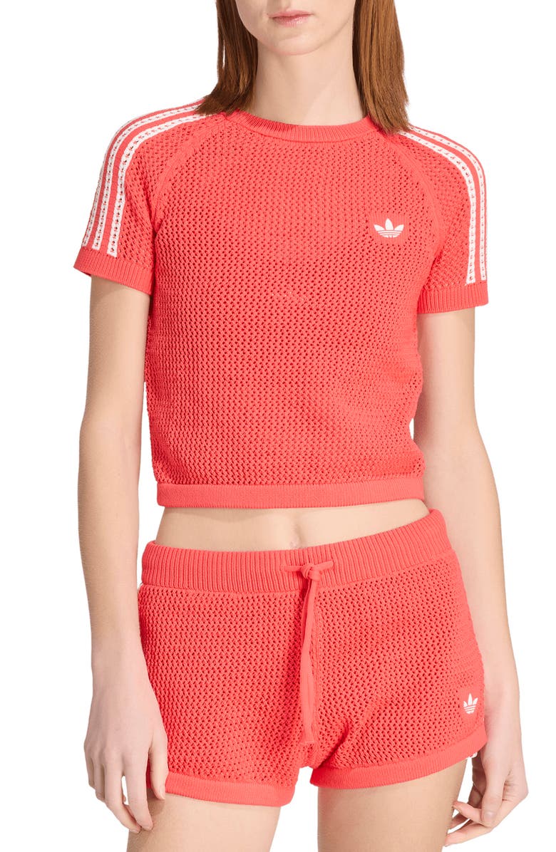 adidas Originals Open Stitch Short Sleeve Crop Sweater, Main, color, Semi Lucid Red