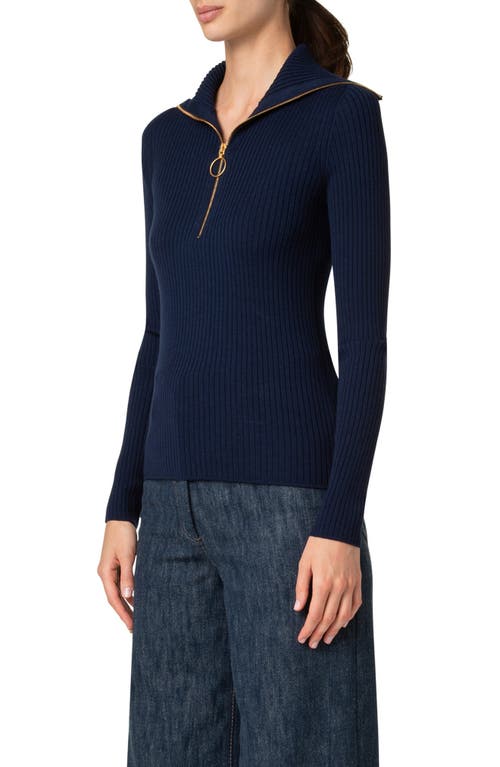 Akris Punto Convertible Collar Merino Wool Rib Sweater In Navy