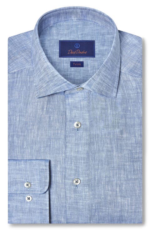 Trim Fit Linen Herringbone Dress Shirt