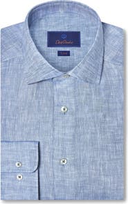 David Donahue Trim Fit Linen Herringbone Dress Shirt