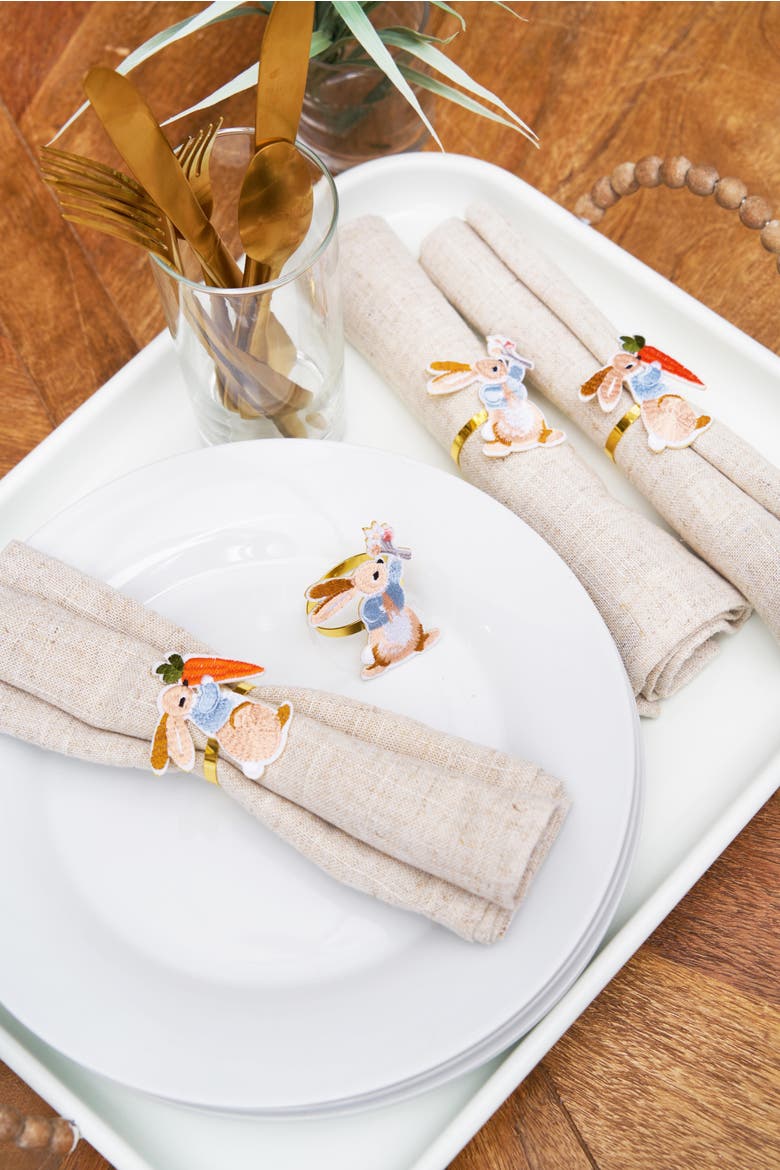 Easter Rabbit Holding Carrot Decorative Set of 4 Gold Napkin Rings, Alternate, color, Brown