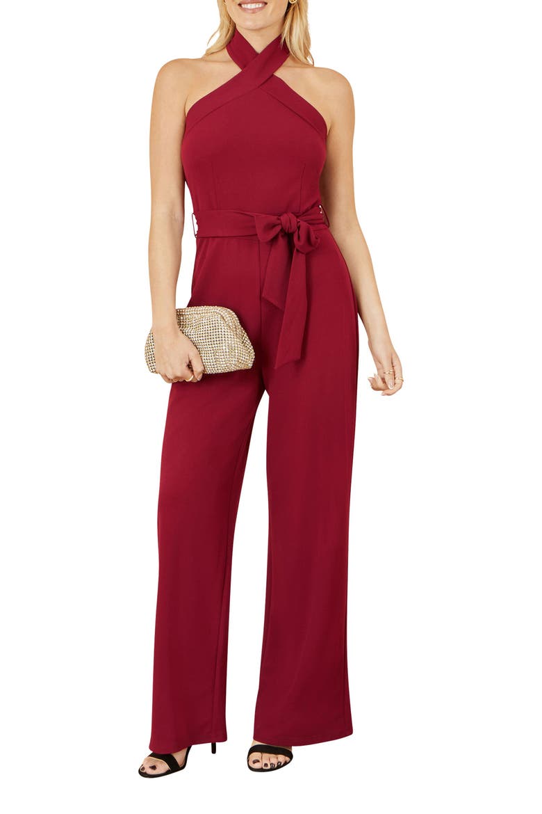 Cross Over Halter Neck Jumpsuit, Alternate, color, Burgundy