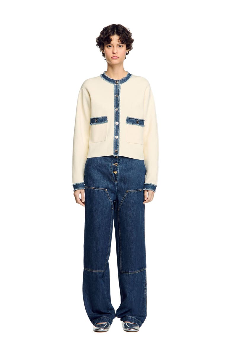 SANDRO Cardigan with denim details, Main, color, Ecru