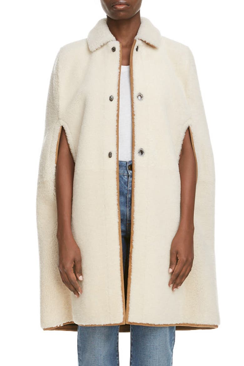 Leather Trim Genuine Shearling Cape, Main, color, ECRU/ COGNAC