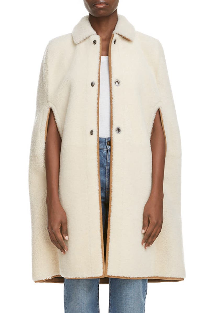 Saint Laurent Leather Trim Genuine Shearling Cape, Main, color,