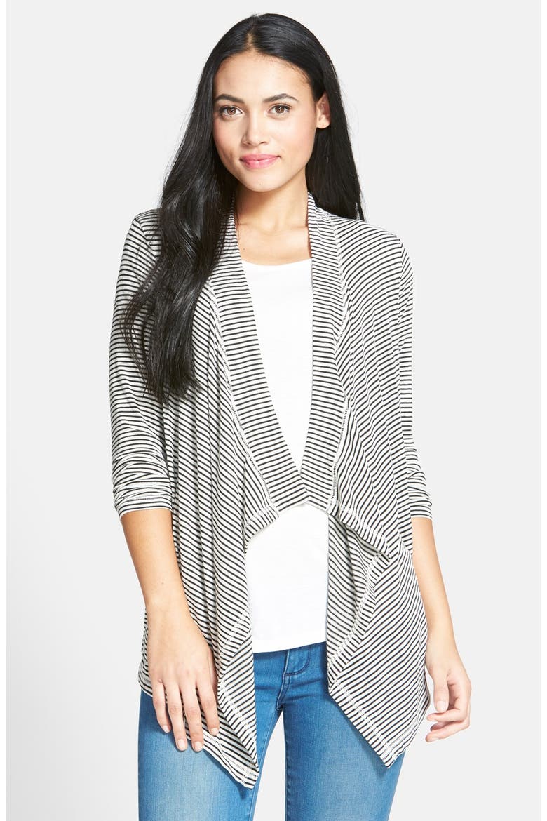 Drape Front Stripe Cardigan, Main, color, BLACK