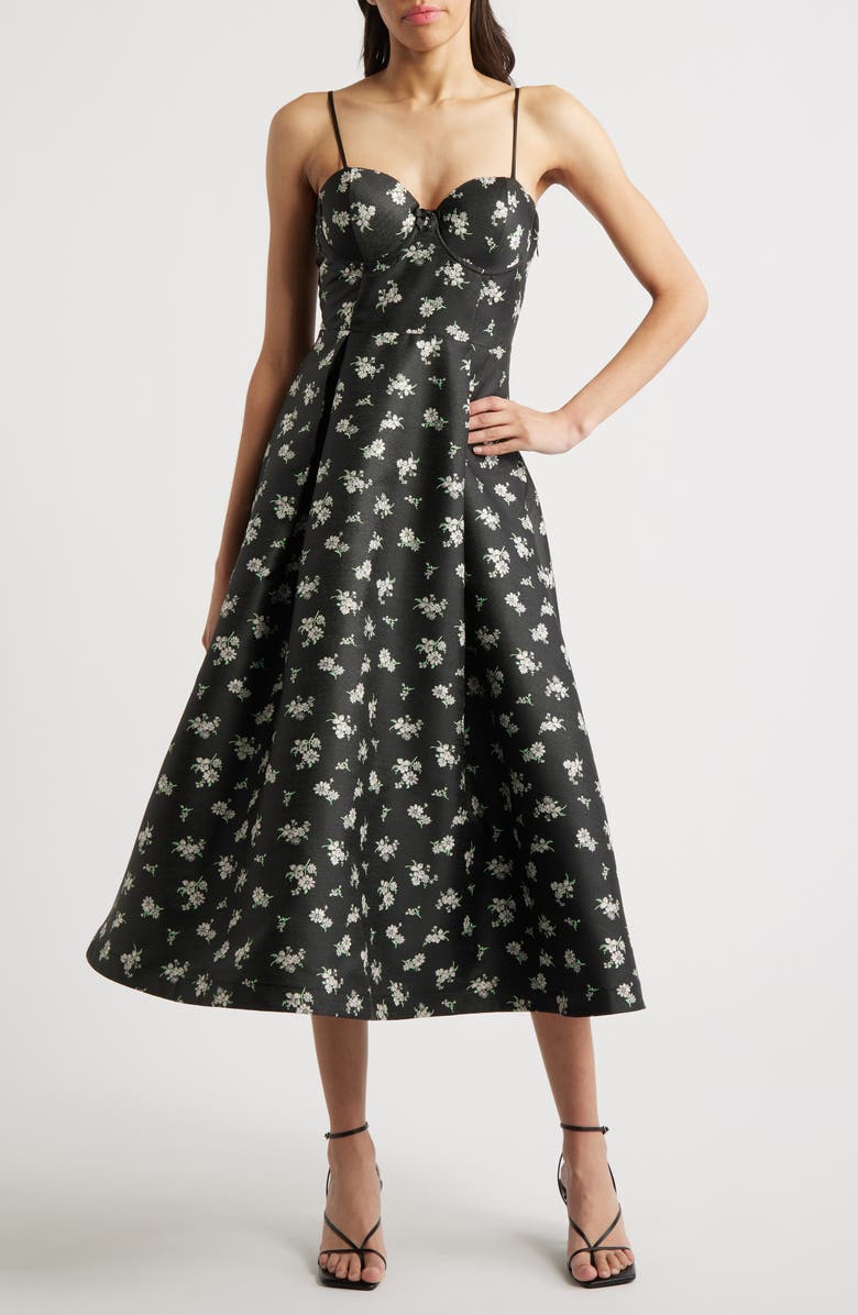 Lulus Quinn Floral Midi Cocktail Dress, Main, color, Black Multi