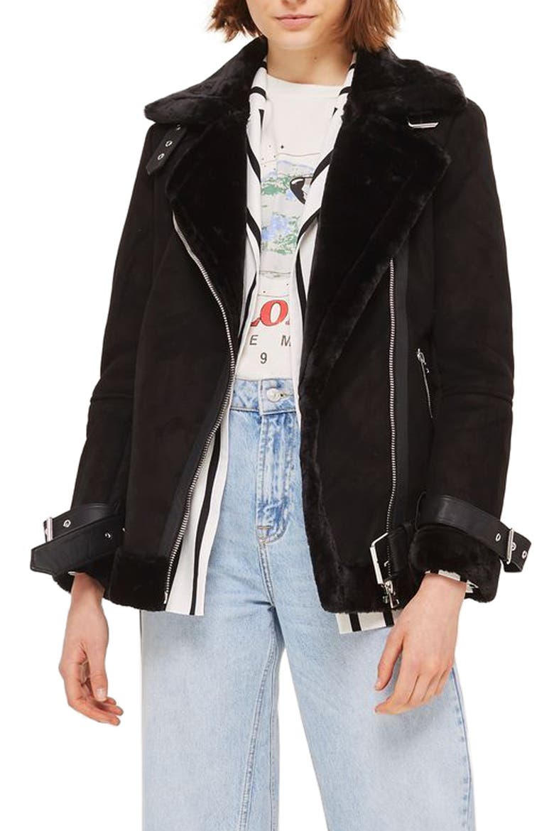 Faux Shearling Biker Jacket, Main, color, BLACK