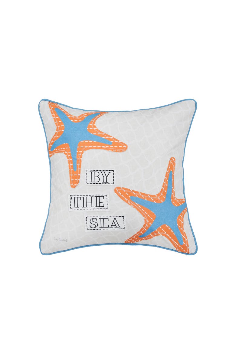 Starfish By The Sea Printed and Applique Accent Throw Pillow, Main, color, White