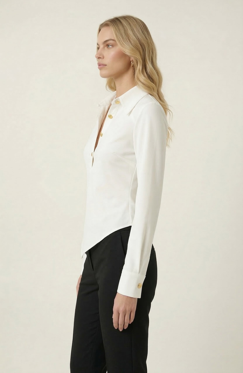 Modenaire Collared Button Front Blouse with Asymmetrical Hem, Alternate, color, Ivory