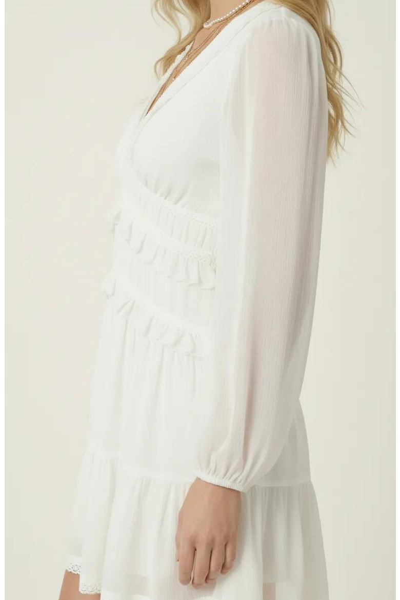 Long Sleeve V-Neck Ruffle Tiered Mini Dress with Sheer Chiffon Overlay, Alternate, color, White