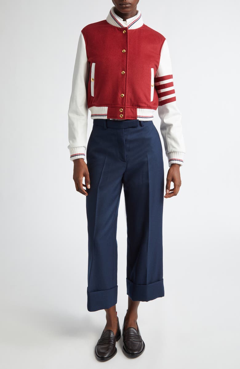 Thom Browne 4-Bar Crop Varsity Jacket, Alternate, color,