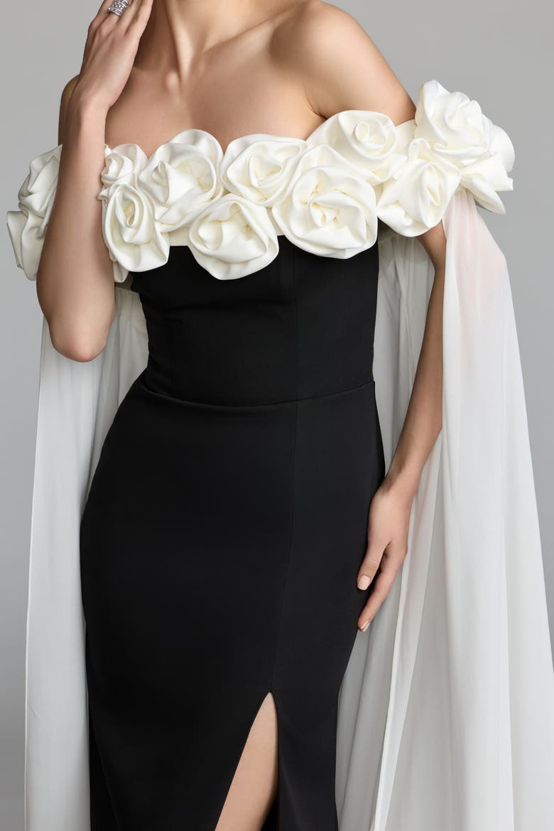 Off The Shoulder Crepe Gown With Chiffon Cape, Alternate, color, Black Ivory